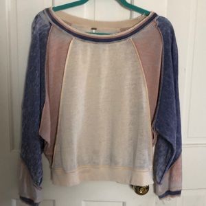 Free People Distressed Sweatshirt Cream Pink Blue